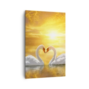 Impression sur toile - Image sur toile - Une scène romantique de deux cygnes formant un cœur sur fond de coucher de soleil doré. - 80x120cm - Le coeur est le plus beau mot du monde… - Décoration murale moderne pour le salon et la chambre ARTTOR