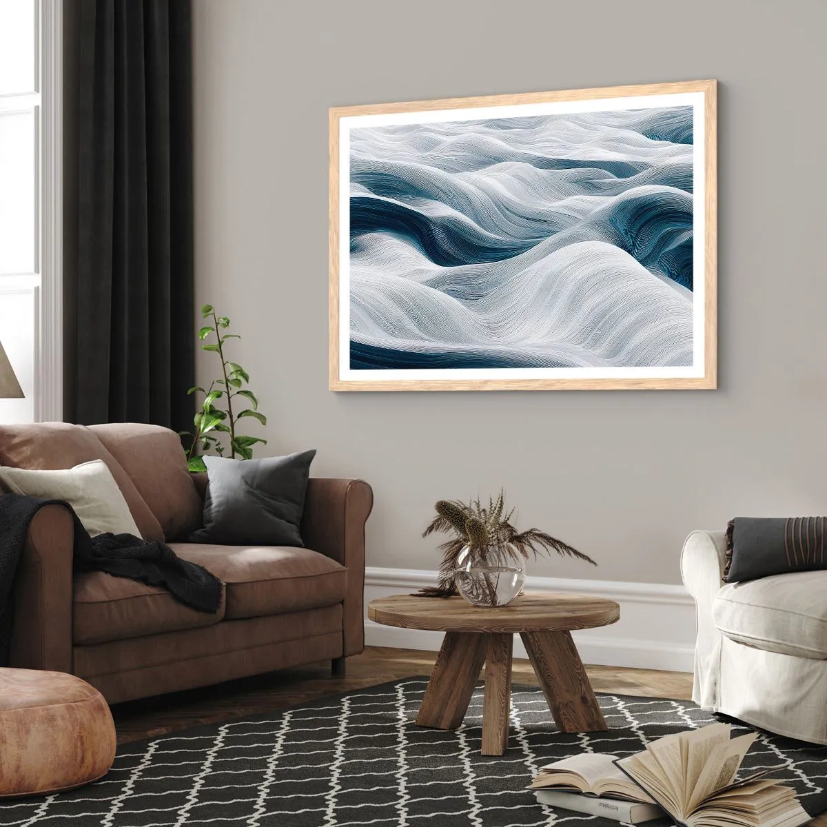 Affiche dans un chêne clair - Poster - Vagues blanches et bleues - 40x30 cm