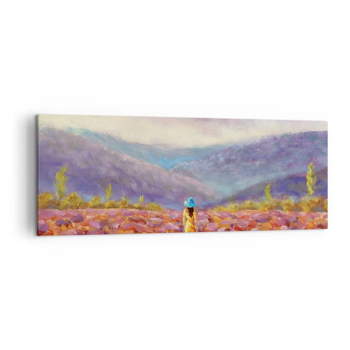 Impression sur toile - Image sur toile - Une femme portant un chapeau marchant dans un champ de lavande. - 140x50cm - Dans un monde lavande - Décoration murale moderne pour le salon et la chambre ARTTOR