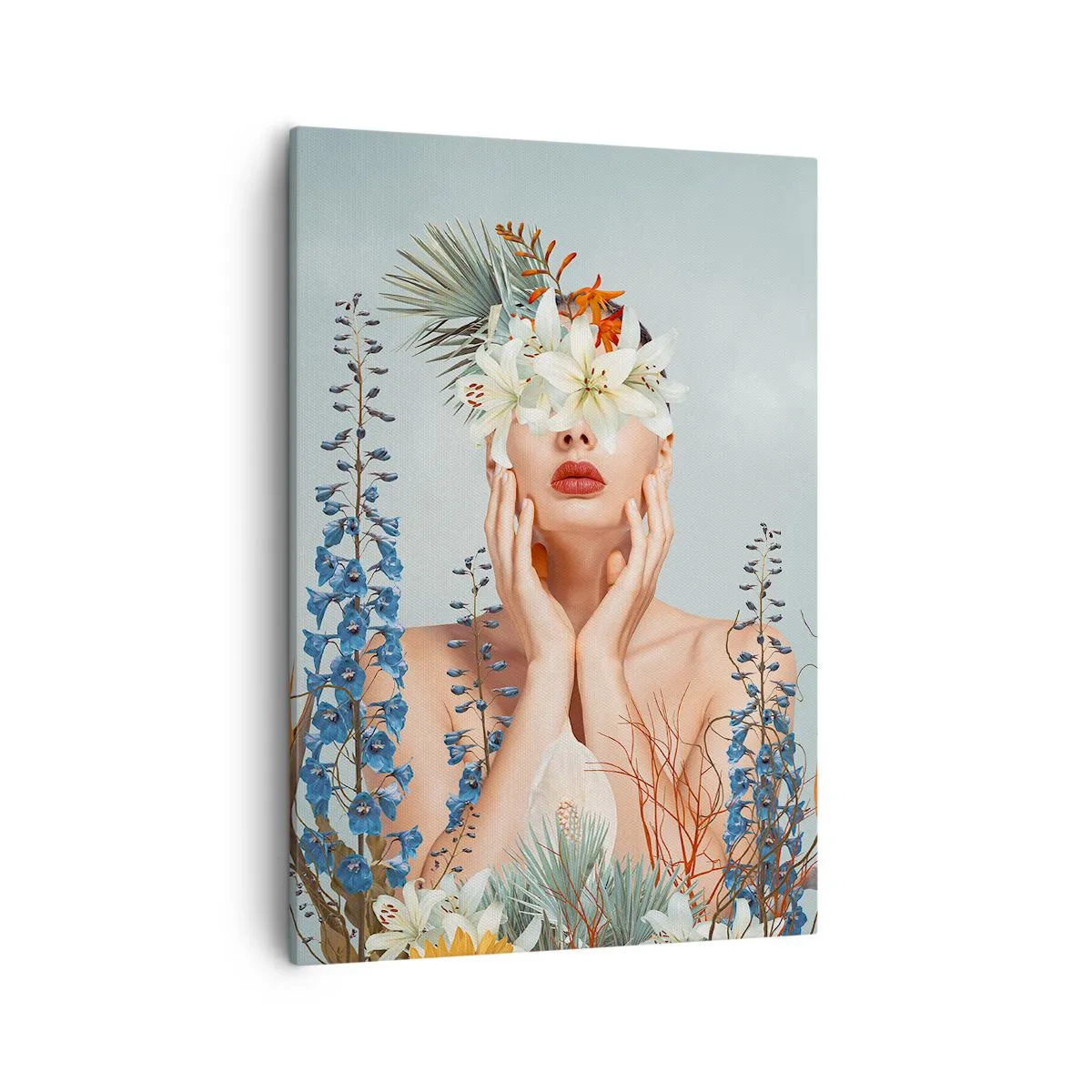 Impression sur toile - Image sur toile - Portrait d'une femme avec un motif floral sur fond bleu - 50x70cm - Femme - fleur - Décoration murale moderne pour le salon et la chambre ARTTOR