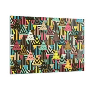 Impression sur verre - Image sur verre - Une composition abstraite avec des triangles aux couleurs intenses. - 120x80cm - En rythme de trois - Décoration murale moderne pour le salon et la chambre ARTTOR