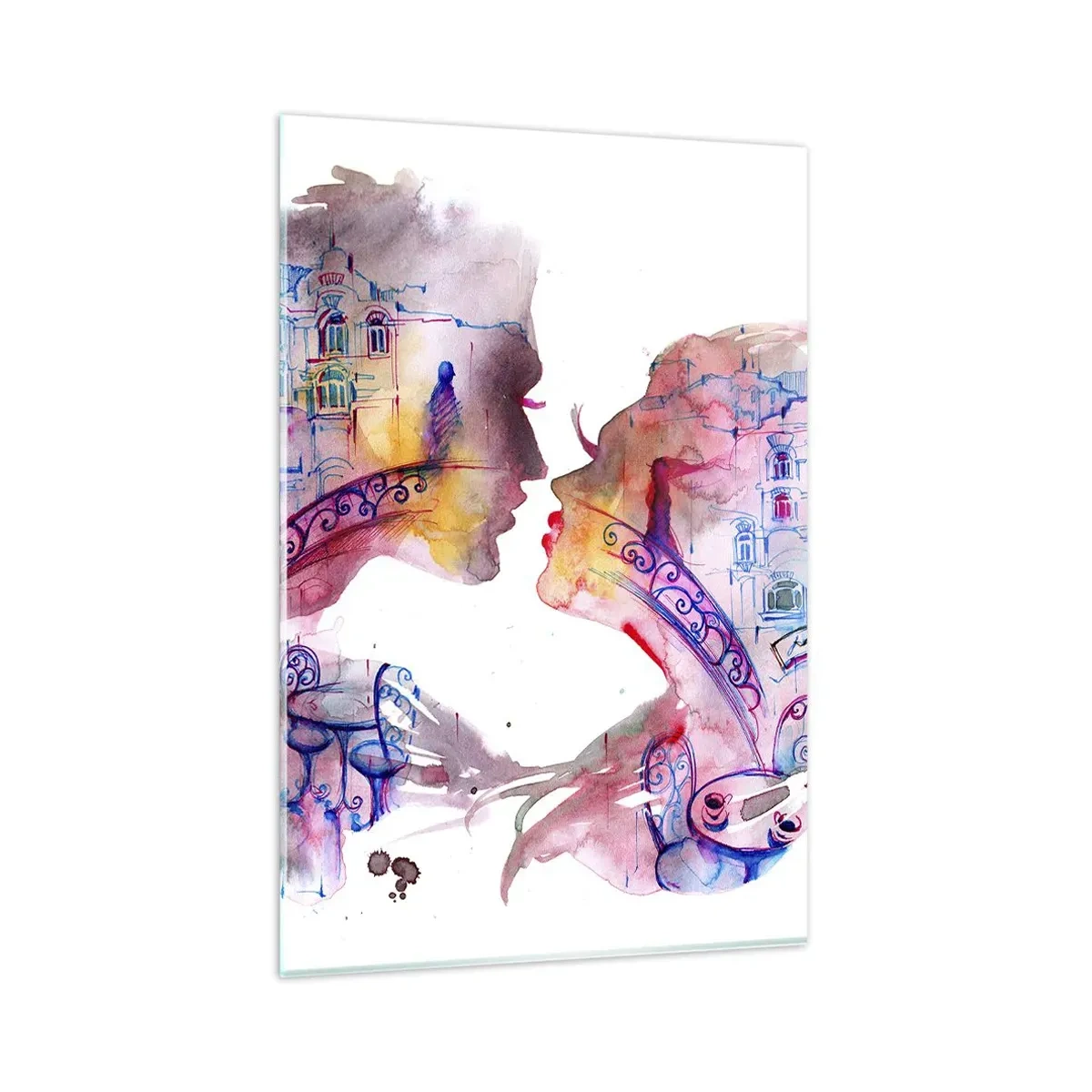 Impression sur verre - Image sur verre - Une aquarelle romantique représentant les silhouettes des amoureux - 80x120cm - Le pont secret des soupirs - Décoration murale moderne pour le salon et la chambre ARTTOR