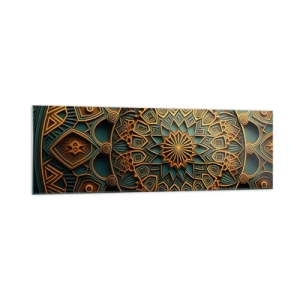 Impression sur verre - Image sur verre - Un mandala doré sur fond turquoise avec des détails riches. - 160x50cm - Dans une ambiance arabe - Décoration murale moderne pour le salon et la chambre ARTTOR