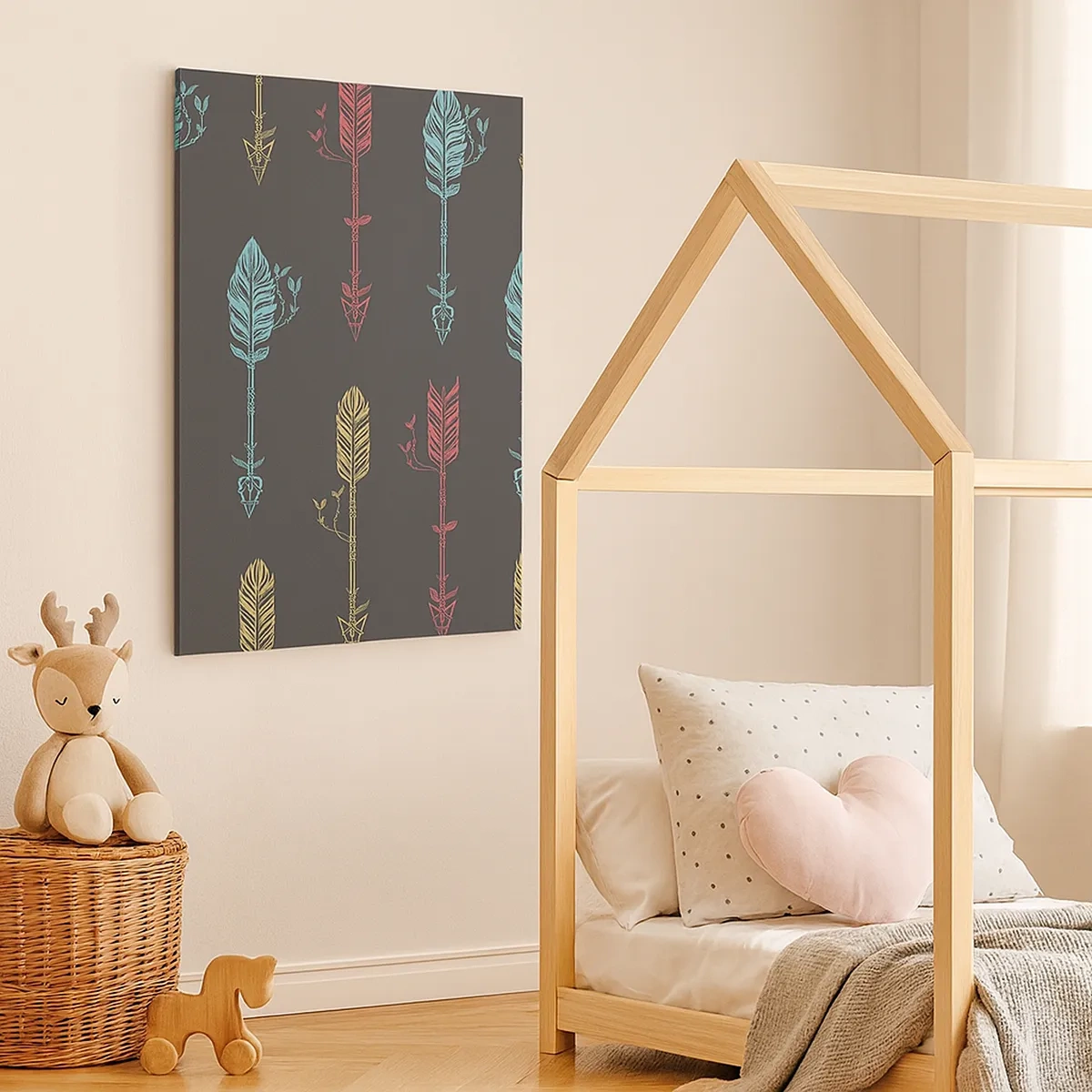 Impression sur toile - Image sur toile - Motif de flèche stylisée aux couleurs pastel sur fond sombre - 50x70cm - Dans l'ordonnance - Décoration murale moderne pour le salon et la chambre ARTTOR