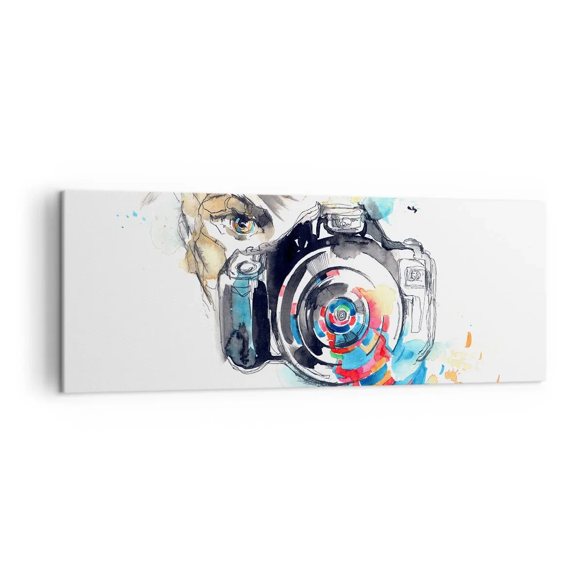 Impression sur toile - Image sur toile - Appareil photo aquarelle avec des détails colorés - 140x50cm - Dans l'oeil de l'objectif - Décoration murale moderne pour le salon et la chambre ARTTOR