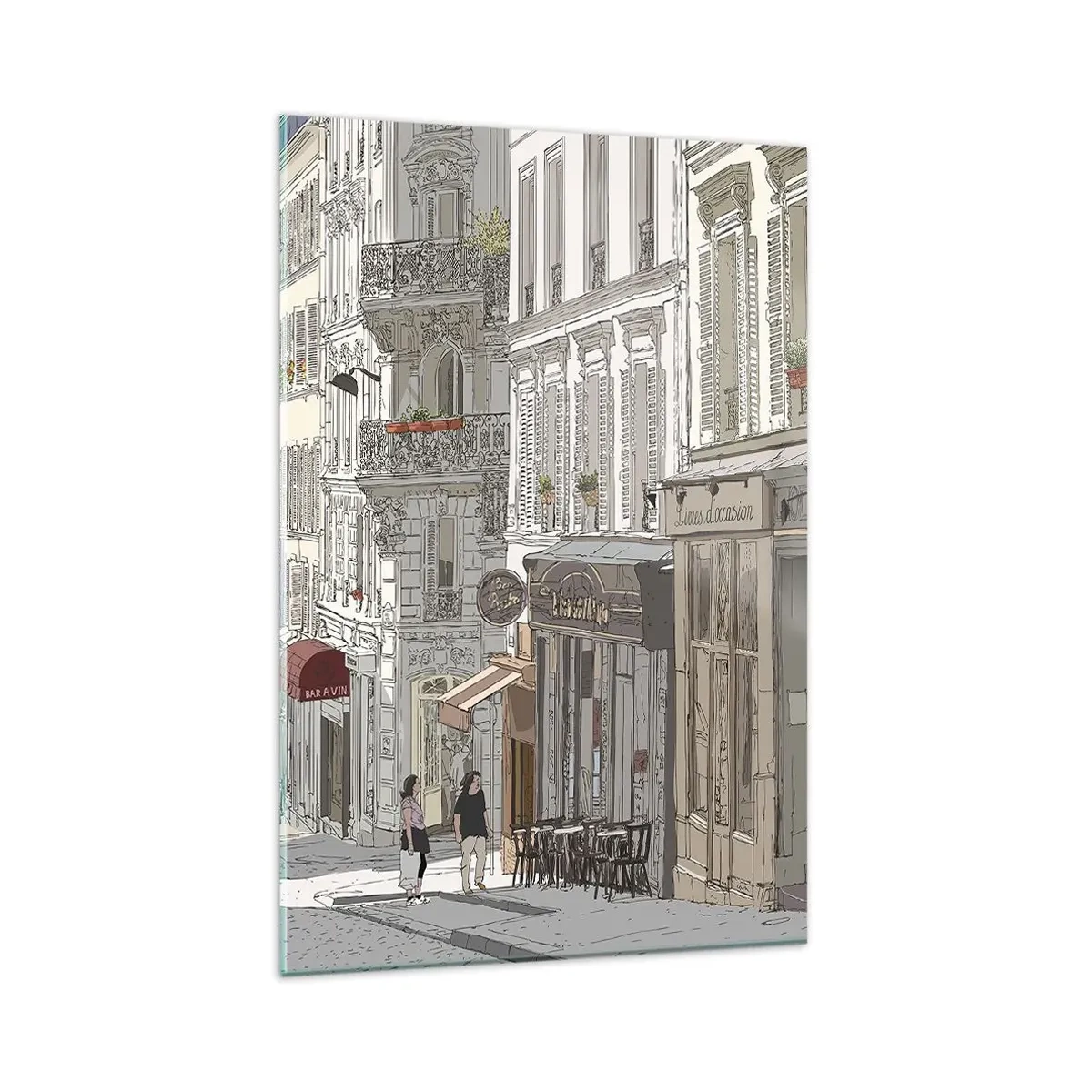 Impression sur verre - Image sur verre - Illustration d'une rue de la ville avec des cafés et des magasins - 80x120cm - Joie de la ville - Décoration murale moderne pour le salon et la chambre ARTTOR
