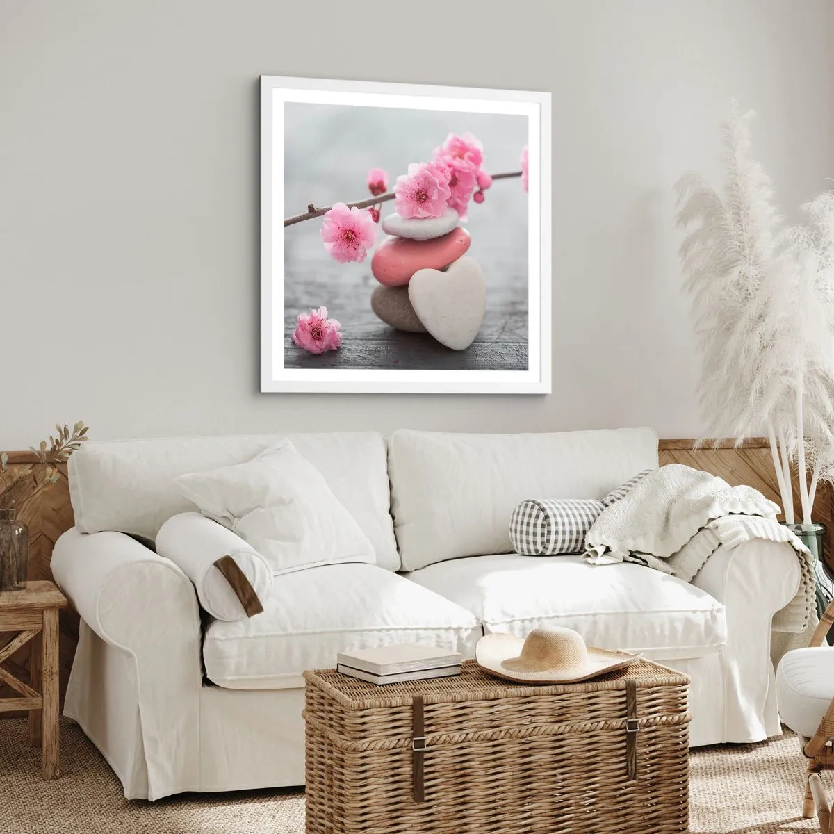 Affiche dans un cadre blanc - Poster - Le bonheur avec une fleur de cerisier - 50x50 cm