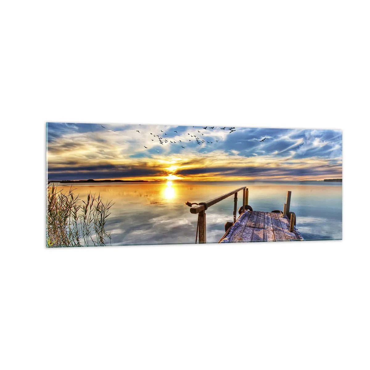 Impression sur verre - Image sur verre - Jetée en bois sur le lac au coucher du soleil - 140x50cm - Le vent se repose - Décoration murale moderne pour le salon et la chambre ARTTOR
