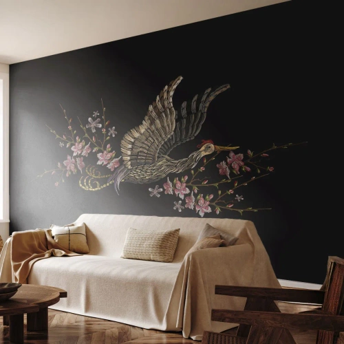 Papier Peint Photo Premium Canvas - Oiseau brodé exotique - Oiseau, Graphique, Fleurs - 400x280 cm