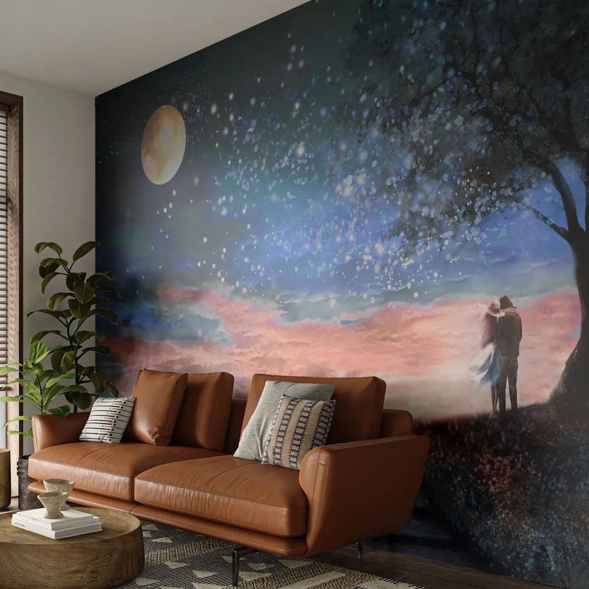 Papier Peint Photo Premium Sand - Couple romantique sous un arbre au clair de lune - 100x70cm - Spectacle étoilé - Décoration murale moderne pour le salon et la chambre ARTTOR