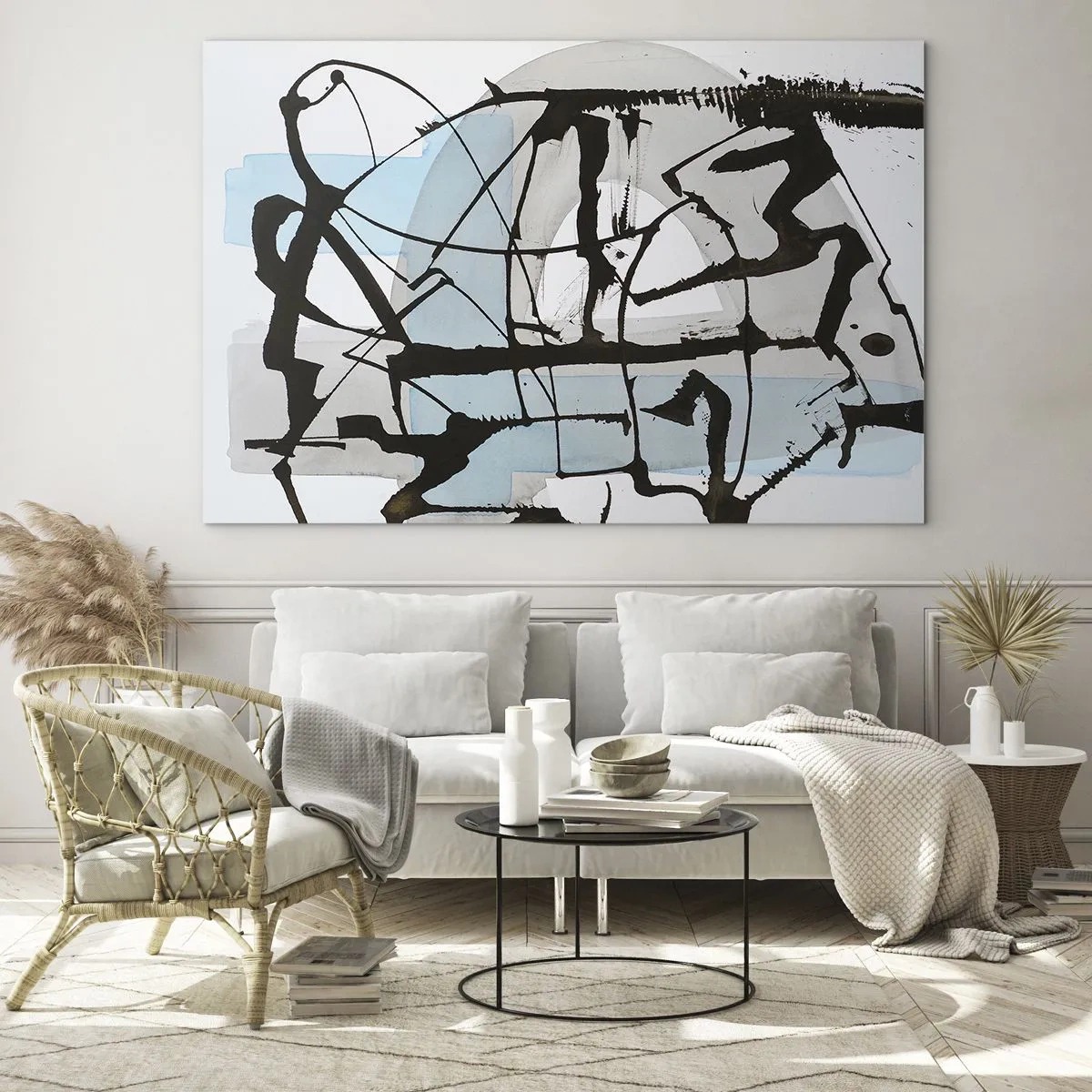 Impression sur verre - Image sur verre - Composition abstraite avec un croquis noir et des taches bleues - 70x50cm - Bleu malgré tout - Décoration murale moderne pour le salon et la chambre ARTTOR