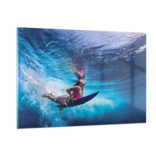 Impression sur verre - Image sur verre - Une scène sous-marine avec un surfeur en action dynamique - 120x80cm - Joie profonde - Décoration murale moderne pour le salon et la chambre ARTTOR