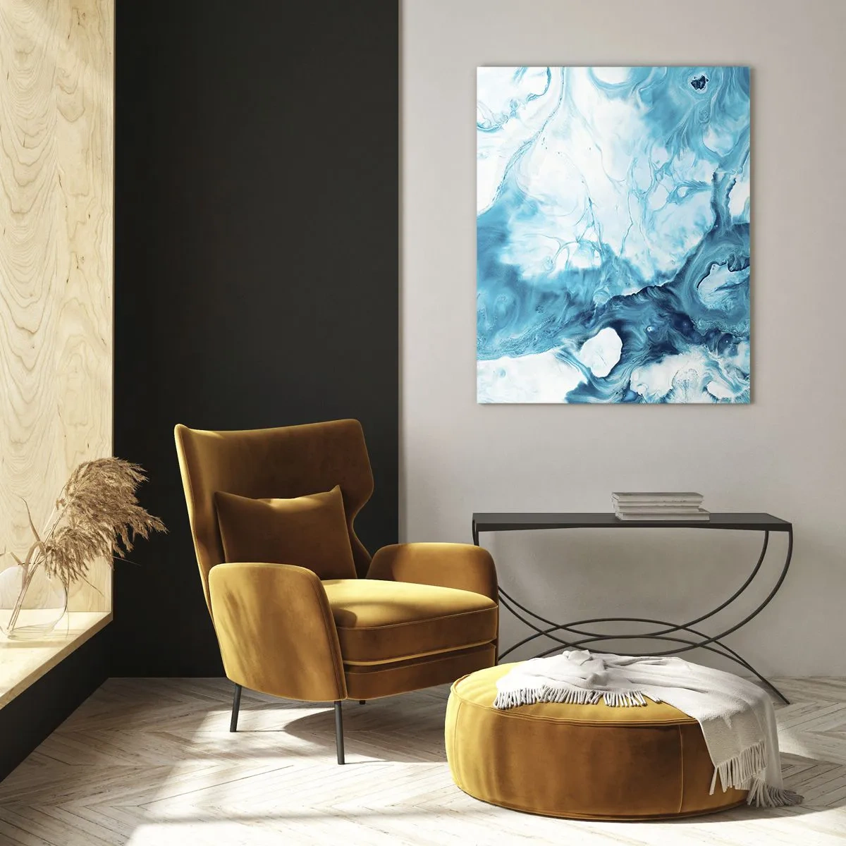 Impression sur verre - Image sur verre - Composition abstraite dans les tons de bleu et de blanc - 50x70cm - Concert de bleu - Décoration murale moderne pour le salon et la chambre ARTTOR