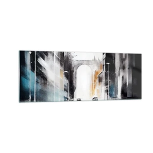 Impression sur verre - Image sur verre - Panorama abstrait de la ville avec un pont en arc - 140x50cm - Étude de ville : architecture et mouvement - Décoration murale moderne pour le salon et la chambre ARTTOR