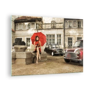 Impression sur verre - Image sur verre - Femme avec un parapluie rouge et des voitures classiques - 70x50cm - Un mini-voyage sentimental - Décoration murale moderne pour le salon et la chambre ARTTOR