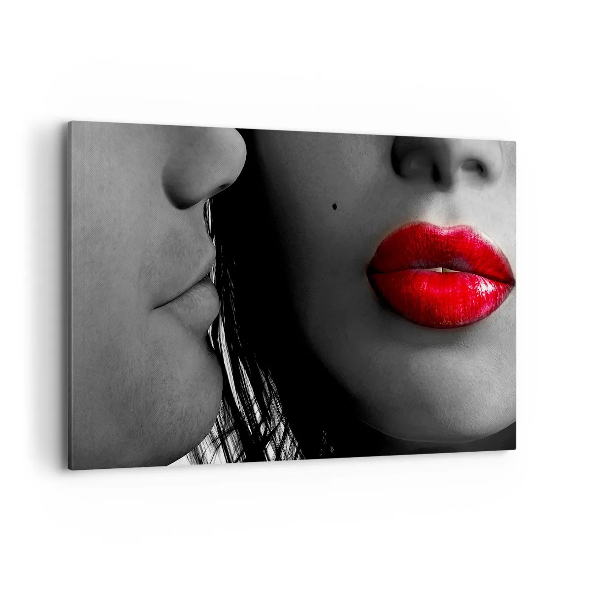 Impression sur toile - Image sur toile - Gros plan des visages d'une femme et d'un homme aux lèvres rouges. - 100x70cm - Face à face - Décoration murale moderne pour le salon et la chambre ARTTOR