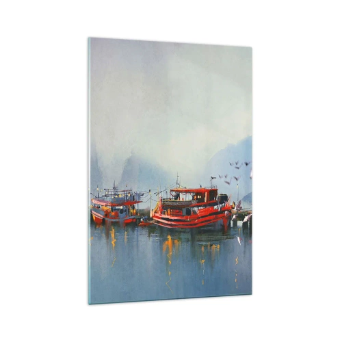 Impression sur verre - Image sur verre - Un port avec des bateaux rouges entouré d'un paysage brumeux - 70x100cm - Na końcu świata - Décoration murale moderne pour le salon et la chambre ARTTOR