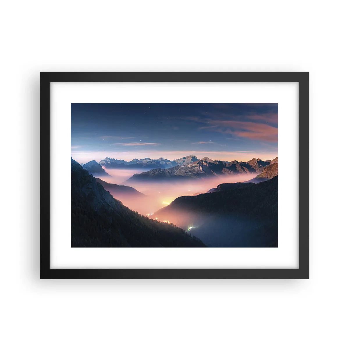 Affiche dans un cadre noir - Poster - Lumière dans les vallées - 40x30 cm