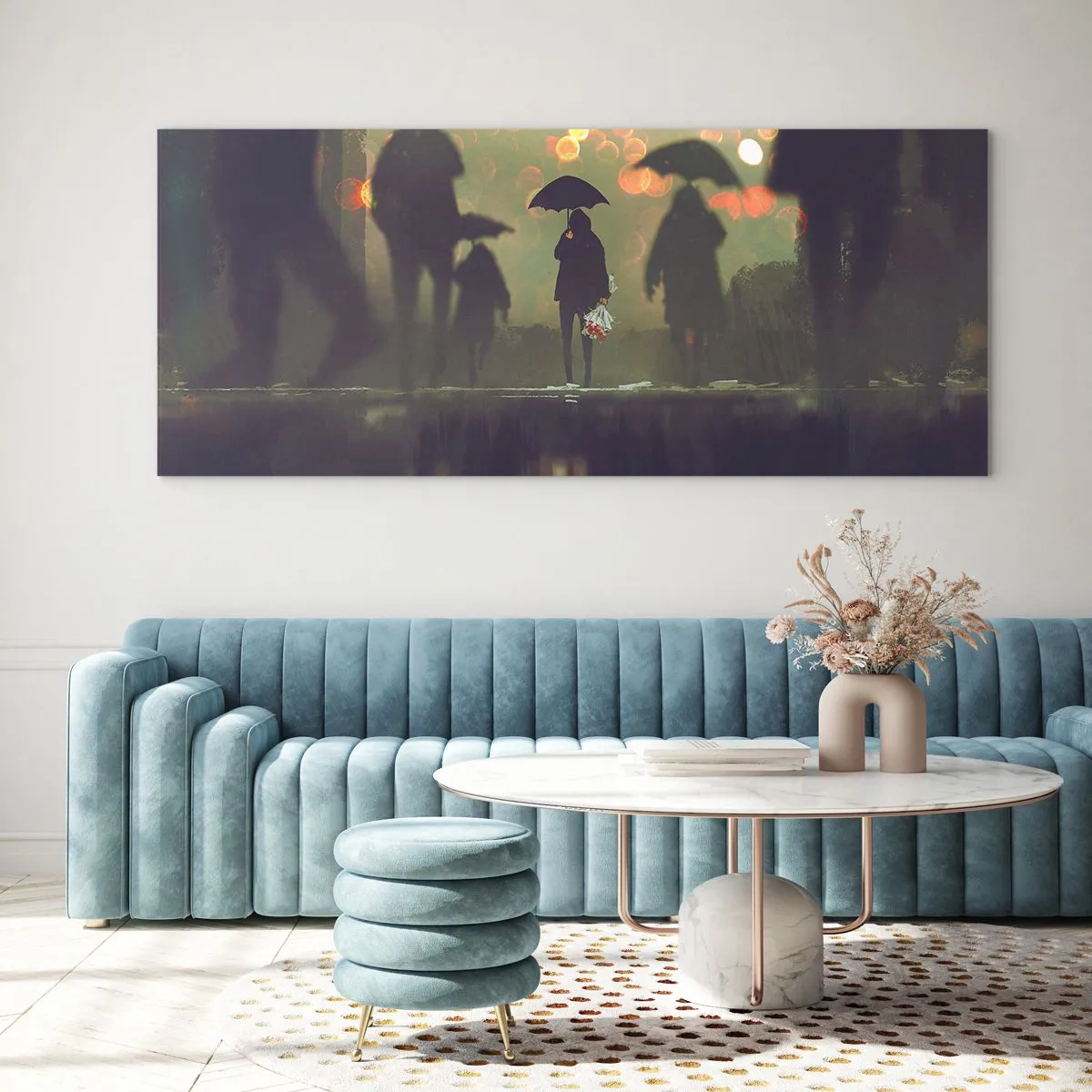 Impression sur verre - Image sur verre - Une silhouette avec un parapluie un soir pluvieux parmi les lumières de la ville - 140x50cm - Du point de vue d'une goutte de pluie - Décoration murale moderne pour le salon et la chambre ARTTOR