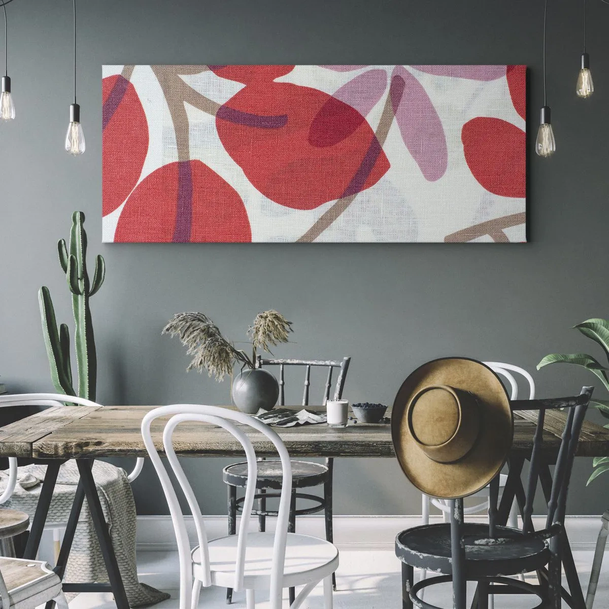 Impression sur toile - Image sur toile - Fleurs et feuilles dans les tons de rouge et de rose - 120x50cm - Composition florale dans les roses - Décoration murale moderne pour le salon et la chambre ARTTOR