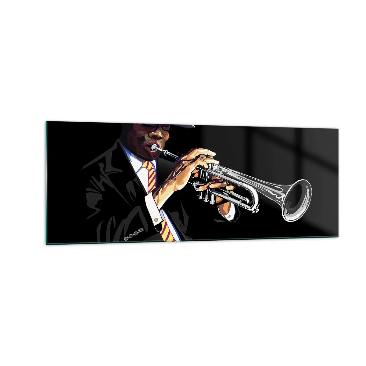 Impression sur verre - Image sur verre - Un musicien jouant de la trompette sur un fond noir - 140x50cm - Le charme de la vieille école - Décoration murale moderne pour le salon et la chambre ARTTOR
