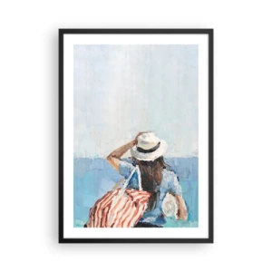 Affiche dans un cadre noir - Poster - Une femme avec un chapeau regardant la mer - 50x70cm - Bienvenue à vos vacances - Décoration murale moderne pour le salon et la chambre ARTTOR