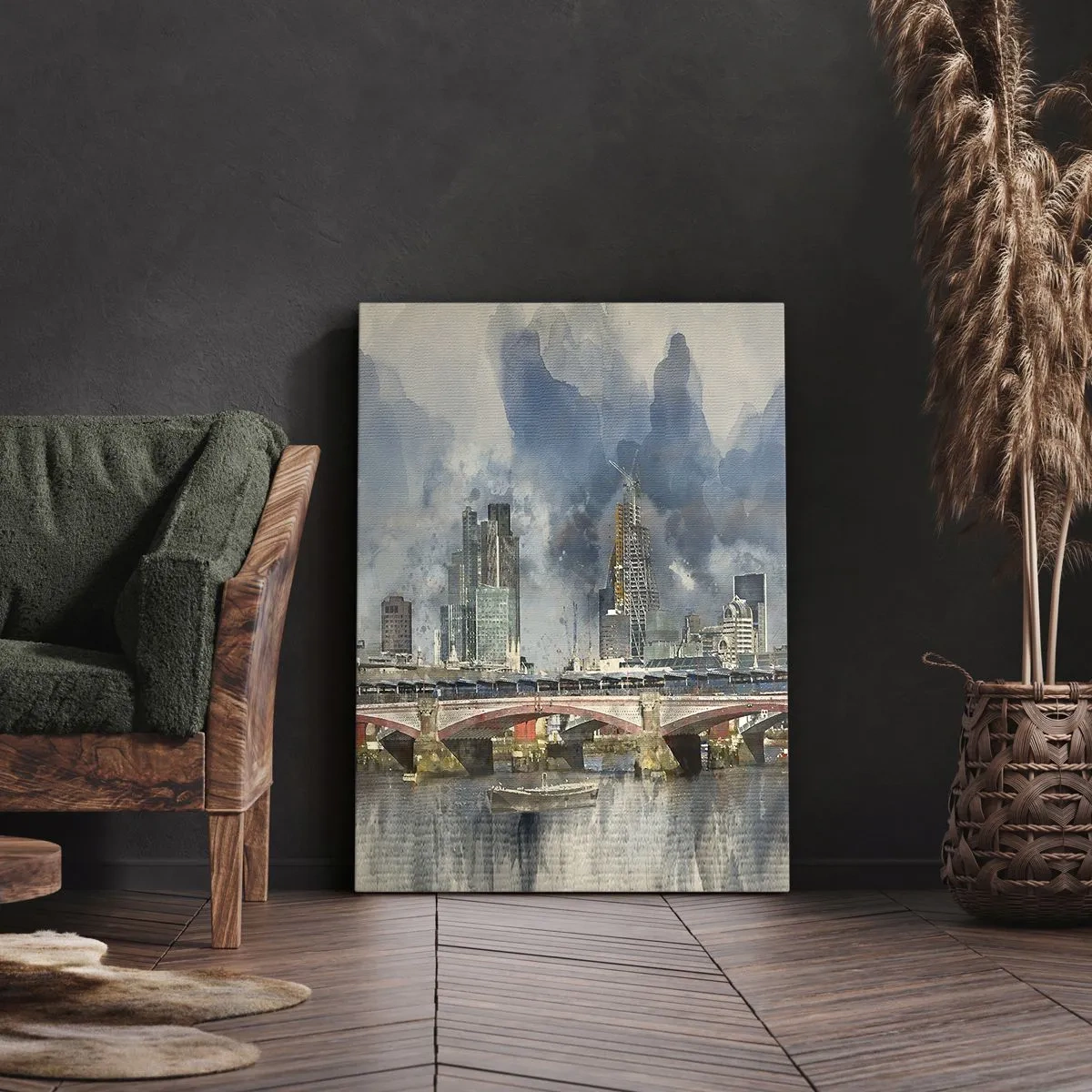 Impression sur toile - Image sur toile - Vue à l'aquarelle du pont et des toits de la ville - 50x70cm - Londres dans toute sa splendeur - Décoration murale moderne pour le salon et la chambre ARTTOR