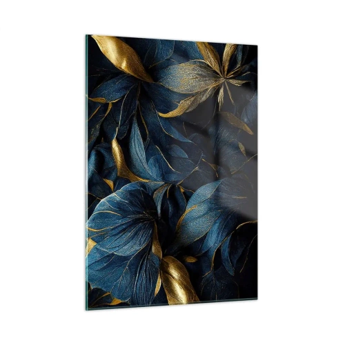 Impression sur verre - Image sur verre - Feuilles bleu foncé avec de subtils accents dorés - 50x70cm - Des dessous dorés - Décoration murale moderne pour le salon et la chambre ARTTOR