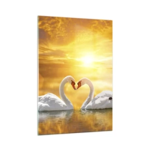 Impression sur verre - Image sur verre - Deux cygnes sur l'eau formant un cœur sur fond de coucher de soleil - 50x70cm - Le coeur est le plus beau mot du monde… - Décoration murale moderne pour le salon et la chambre ARTTOR