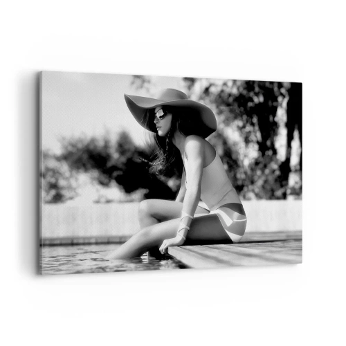Impression sur toile - Image sur toile - Femme au chapeau au bord de la piscine en noir et blanc - 100x70cm - Rêve d'été - Décoration murale moderne pour le salon et la chambre ARTTOR
