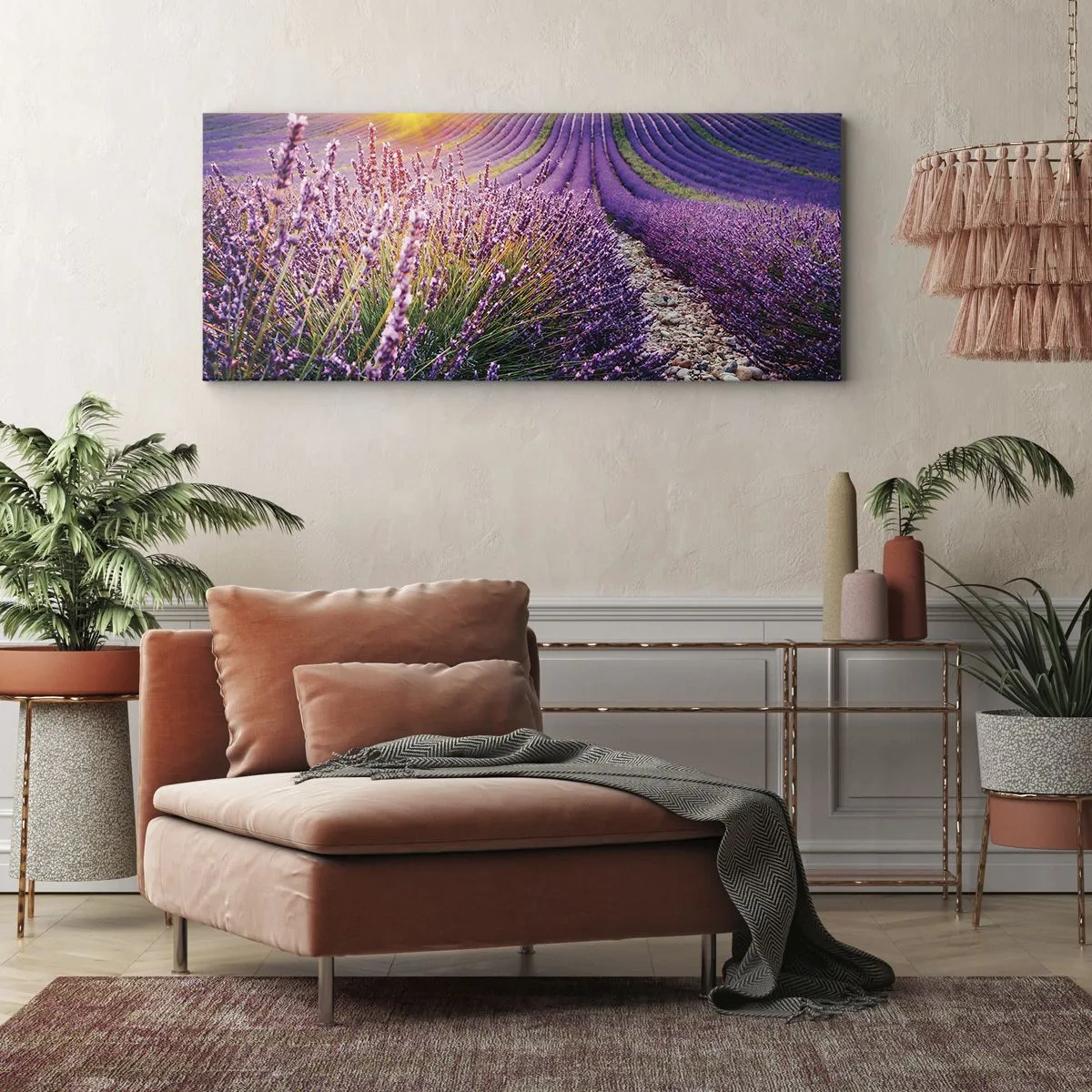 Impression sur toile - Image sur toile - Champ de lavande au coucher du soleil - 140x50cm - Tige parfumée - Décoration murale moderne pour le salon et la chambre ARTTOR