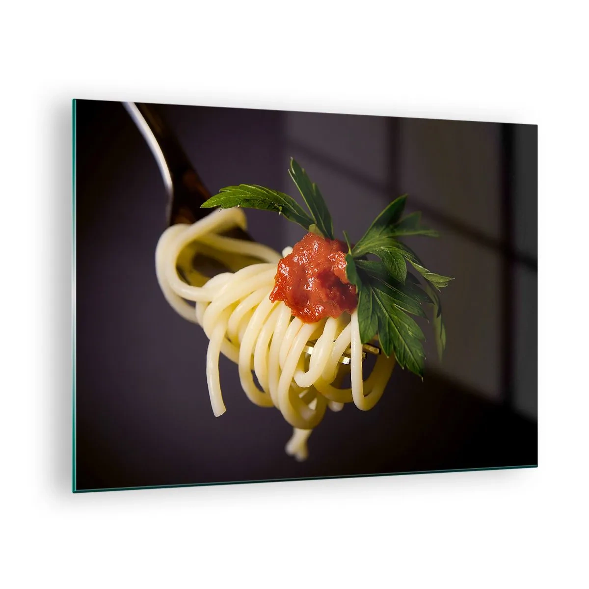 Impression sur verre - Image sur verre - Spaghettis à la fourchette avec sauce tomate - 70x50cm - Une bouchée savoureuse - Décoration murale moderne pour le salon et la chambre ARTTOR