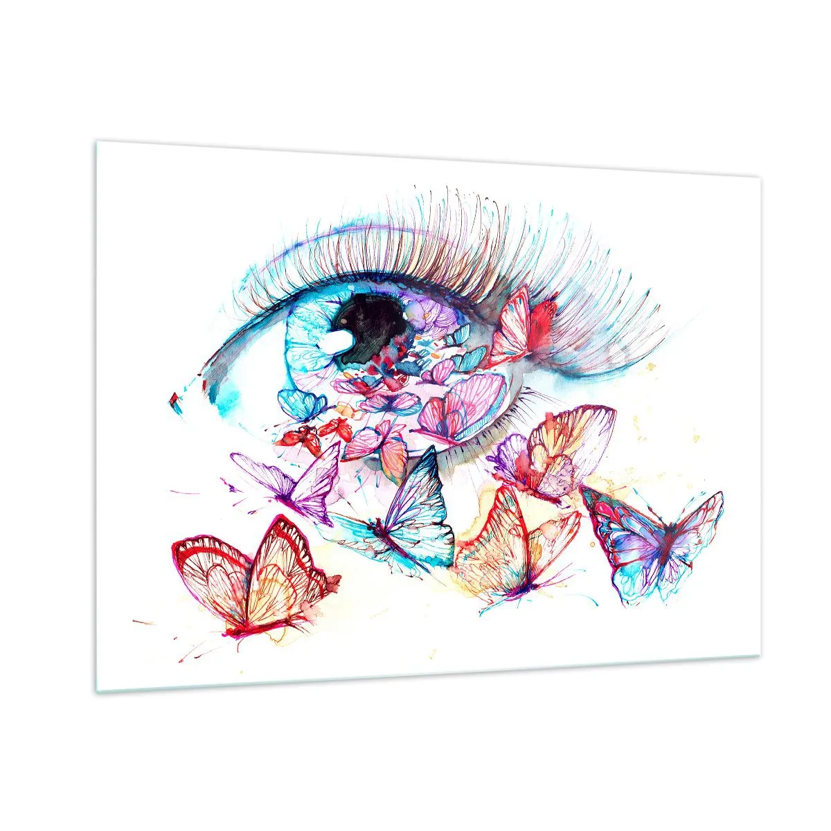 Impression sur verre - Image sur verre - L'œil d'une femme entouré de papillons colorés à l'aquarelle - 100x70cm - Charme des yeux de conte de fées - Décoration murale moderne pour le salon et la chambre ARTTOR