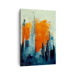 Impression sur toile - Image sur toile - Paysage urbain abstrait dans des tons orange et bleu - 70x100cm - Paysage moderne - Décoration murale moderne pour le salon et la chambre ARTTOR