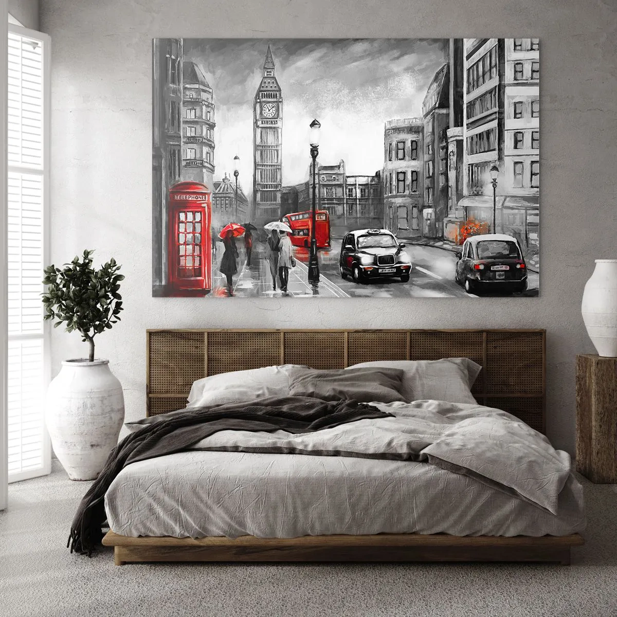 Impression sur verre - Image sur verre - Big Ben et les rues de Londres avec des accents rouges sur fond gris - 100x70cm - Pas du tout une ville grise - Décoration murale moderne pour le salon et la chambre ARTTOR