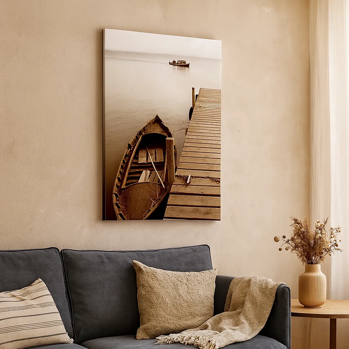 Impression sur toile - Image sur toile - Jetée en bois et bateau sur un lac calme - 50x70cm - Le grand silence - Décoration murale moderne pour le salon et la chambre ARTTOR