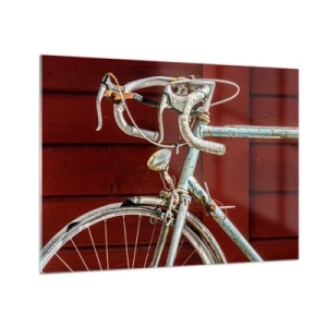 Impression sur verre - Image sur verre - Un vieux vélo de route des années 1970 contre un mur en bois rouge - 70x50cm - Construit pour la victoire - Décoration murale moderne pour le salon et la chambre ARTTOR