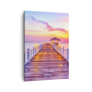 Impression sur toile - Image sur toile - Une jetée sur l'eau au coucher du soleil aux couleurs pastel - 50x70cm - Le silence lilas-doré du soir - Décoration murale moderne pour le salon et la chambre ARTTOR