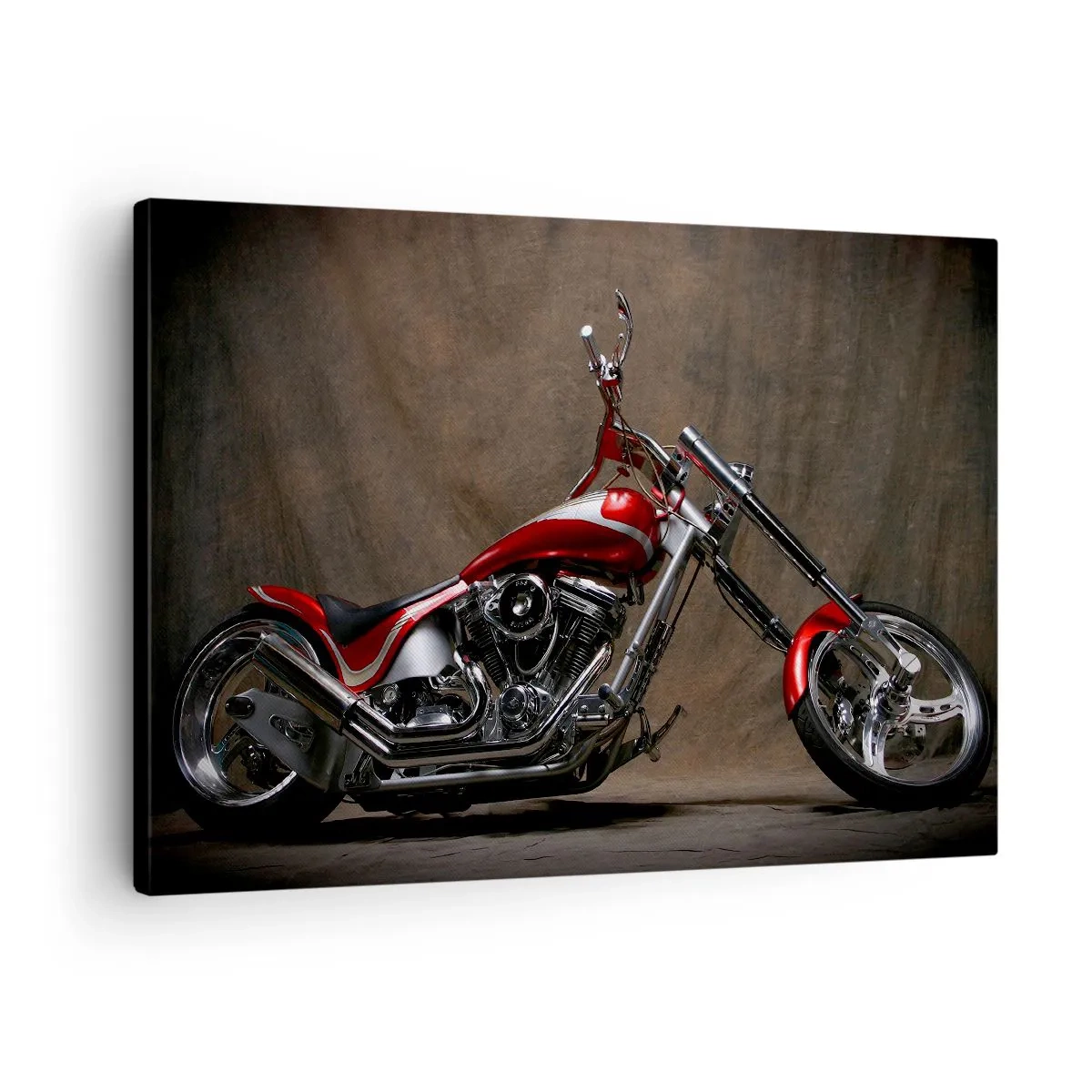 Impression sur toile - Image sur toile - Moto customisée rouge sur fond de tissu marron - 70x50cm - Beauté rouge-argent - Décoration murale moderne pour le salon et la chambre ARTTOR