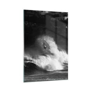 Impression sur verre - Image sur verre - Un surfeur sur une vague en monochrome - 70x100cm - Défi accepté! - Décoration murale moderne pour le salon et la chambre ARTTOR