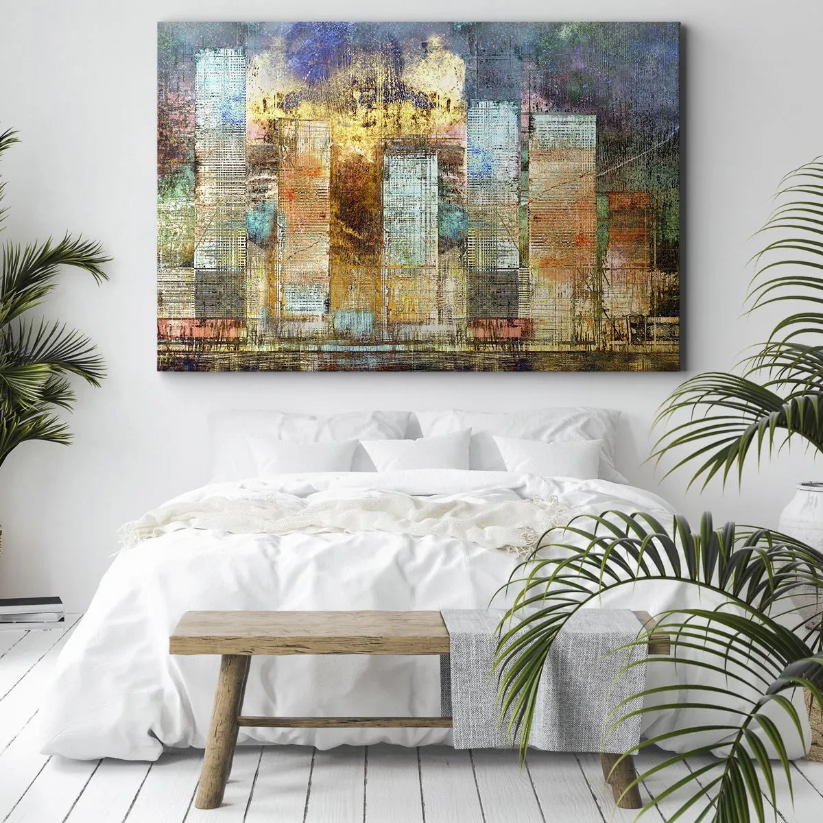 Impression sur toile - Image sur toile - Gratte-ciel abstraits de style industriel - 120x80cm - Une métropole ensoleillée - Décoration murale moderne pour le salon et la chambre ARTTOR