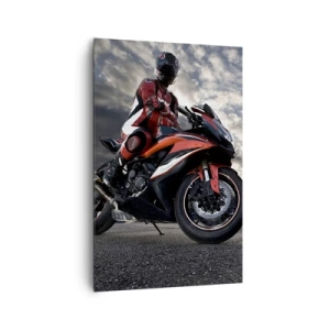Impression sur toile - Image sur toile - Un motocycliste sur une moto de sport contre un ciel nuageux - 80x120cm - Cavalier noir - Décoration murale moderne pour le salon et la chambre ARTTOR