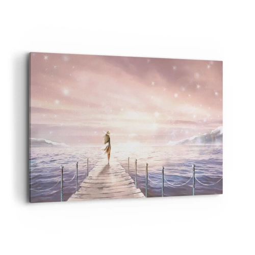 Impression sur toile - Image sur toile - Une femme sur une jetée dans un décor de coucher de soleil magique - 120x80cm - A la lumière d'un rêve - Décoration murale moderne pour le salon et la chambre ARTTOR