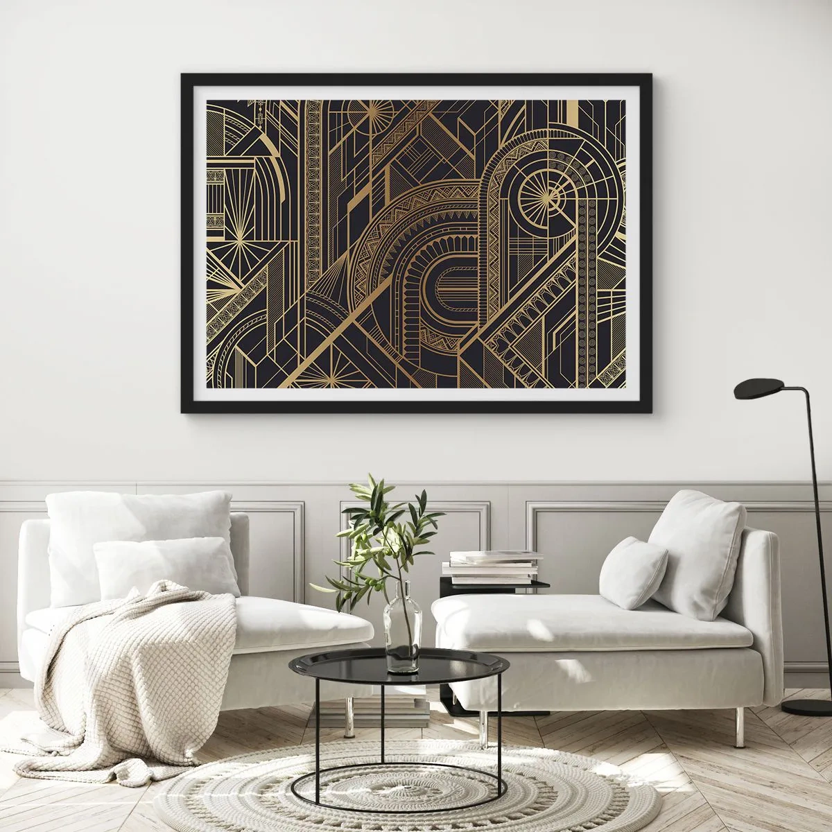 Affiche dans un cadre noir - Poster - Motifs géométriques dorés sur fond noir dans le style Art Déco - 70x50cm - Concept, idée, plan - Décoration murale moderne pour le salon et la chambre ARTTOR