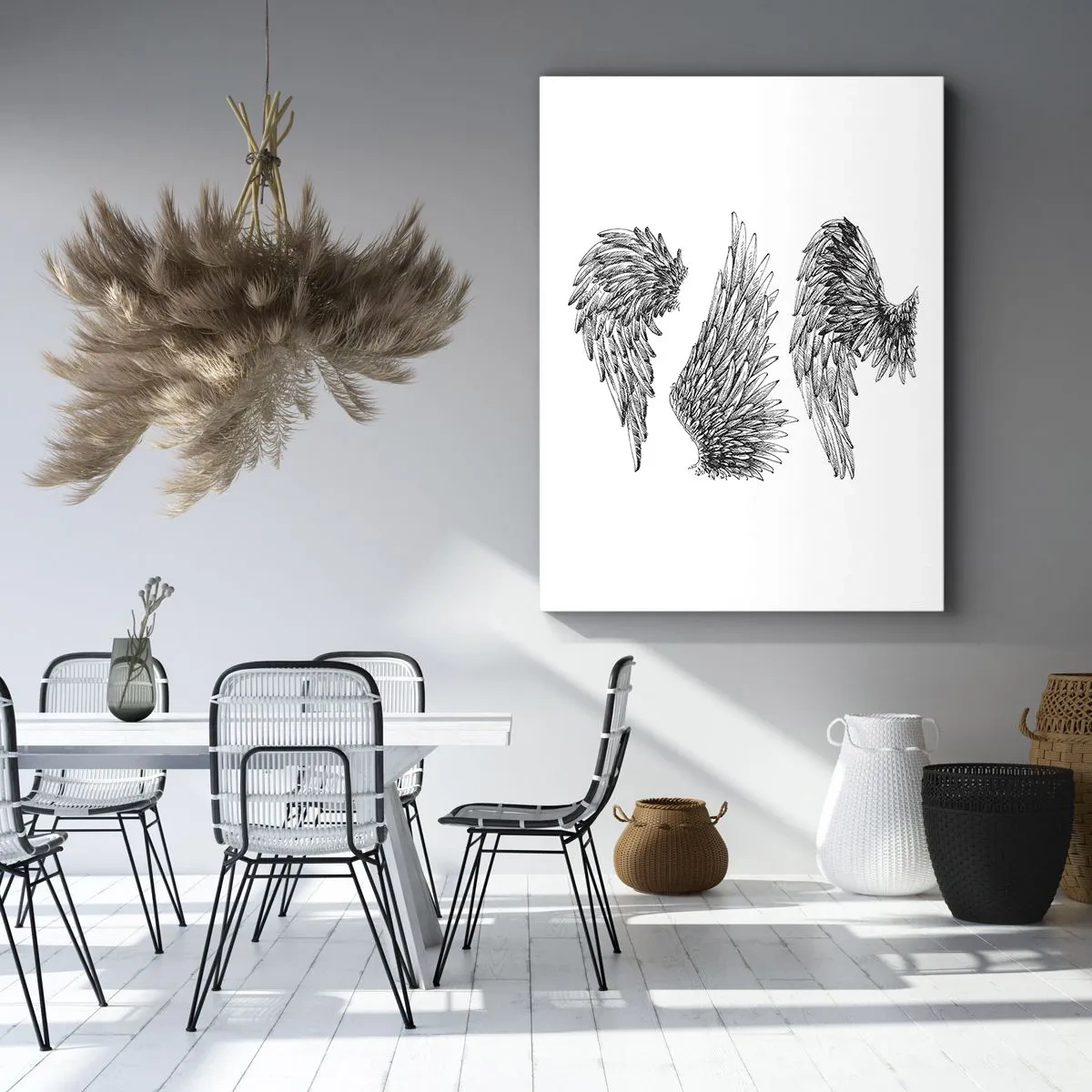 Impression sur toile - Image sur toile - Trois croquis d'ailes en noir et blanc dans un style minimaliste. - 50x70cm - Et tu peux devenir un ange - Décoration murale moderne pour le salon et la chambre ARTTOR