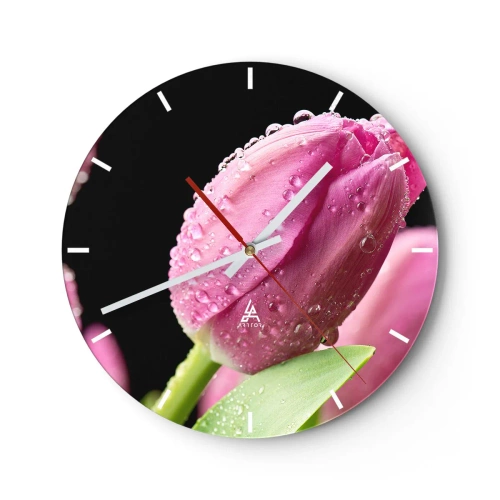 Horloge murale - Pendule murale - Une tulipe rose couverte de gouttes de rosée sur un fond sombre. - 30x30cm - Rêve de lilas dans la rosée - Décoration murale moderne pour le salon, la cuisine et la chambre ARTTOR