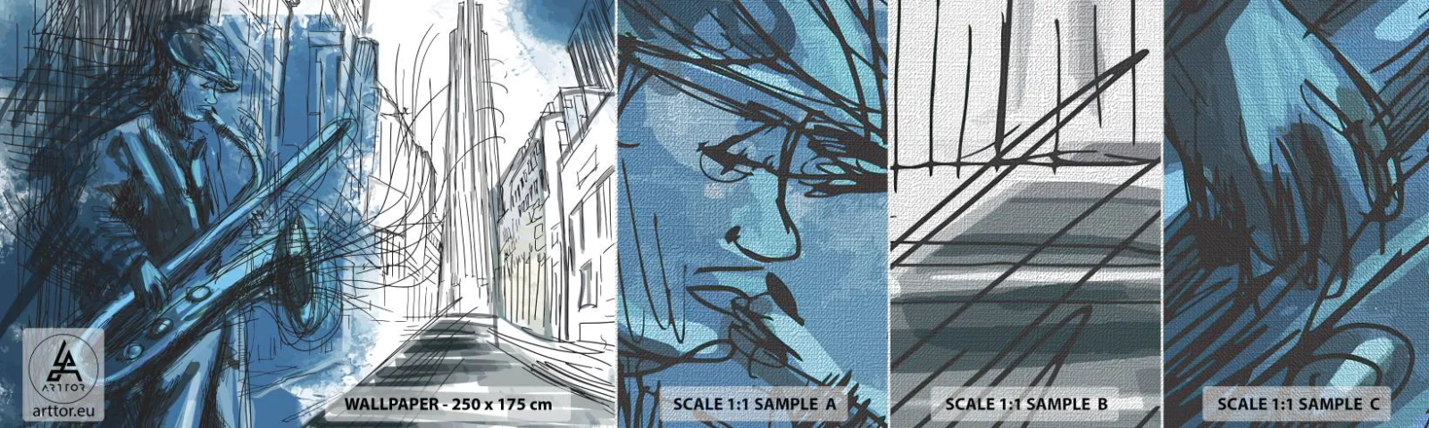 Échantillon de Papier Peint Premium Canvas - Rhapsodie urbaine - Saxophone, le jazz, Musique - 100x30 cm