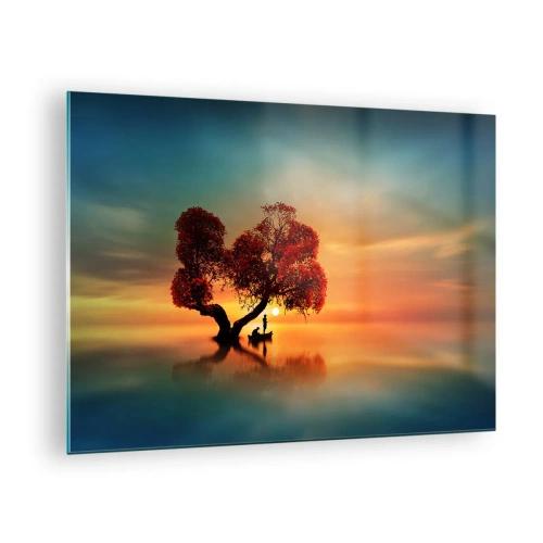 Impression sur verre - Image sur verre - Un arbre aux feuilles rouges sur fond de coucher de soleil - 70x50cm - Plénitude et éloignement sans monde - Décoration murale moderne pour le salon et la chambre ARTTOR