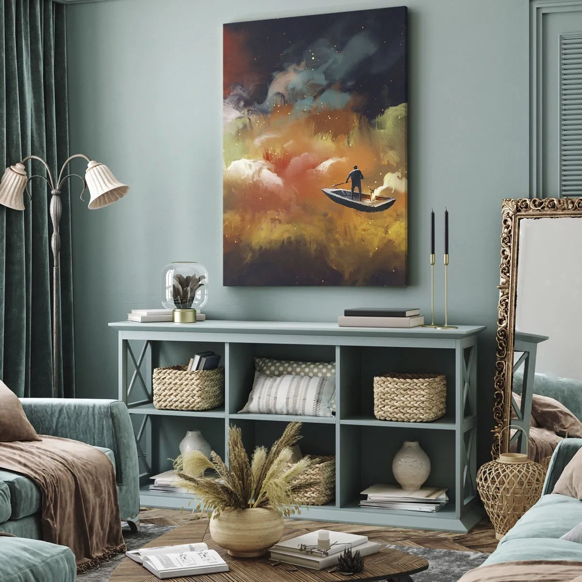 Impression sur toile - Image sur toile - Une silhouette dans un bateau sur un fond de nuages colorés - 80x120cm - En bateau à travers la galaxie - Décoration murale moderne pour le salon et la chambre ARTTOR