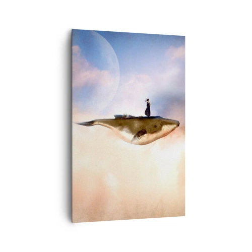 Impression sur toile - Image sur toile - Une scène fantastique d'une femme sur une baleine parmi les nuages - 80x120cm - Voyage irréel - Décoration murale moderne pour le salon et la chambre ARTTOR